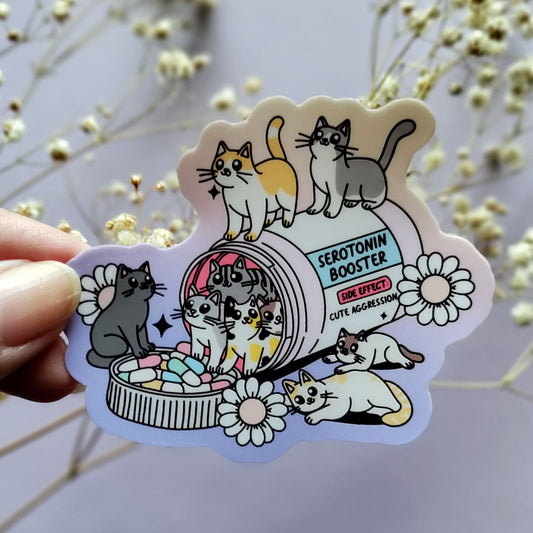 Serotonin Booster Pill Bottle With Cats and Flowers Large Gloss Sticker